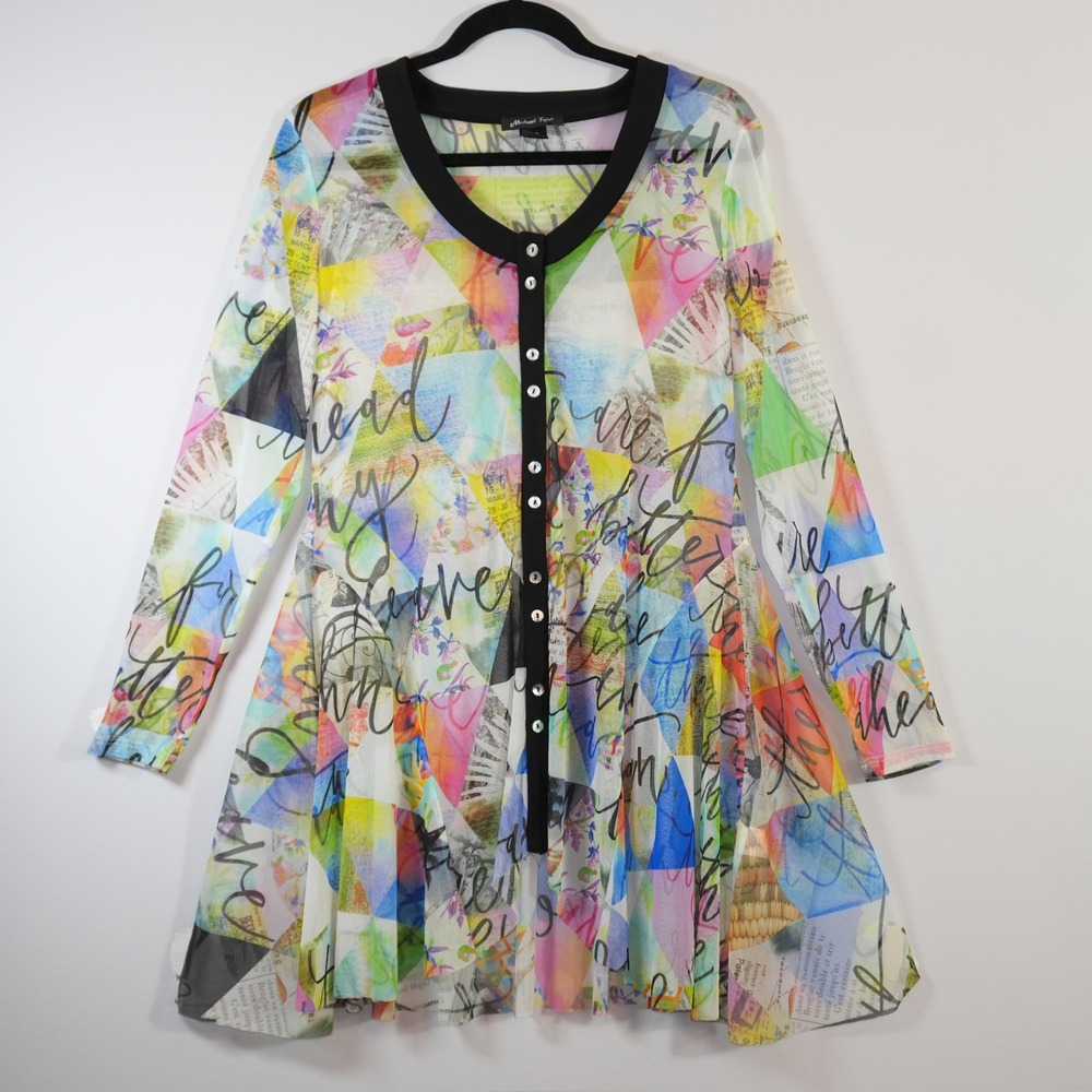Vintage Y2k Michael Tyler Colorful Mesh Tunic Dress Artsy Graphic Lagenlook L